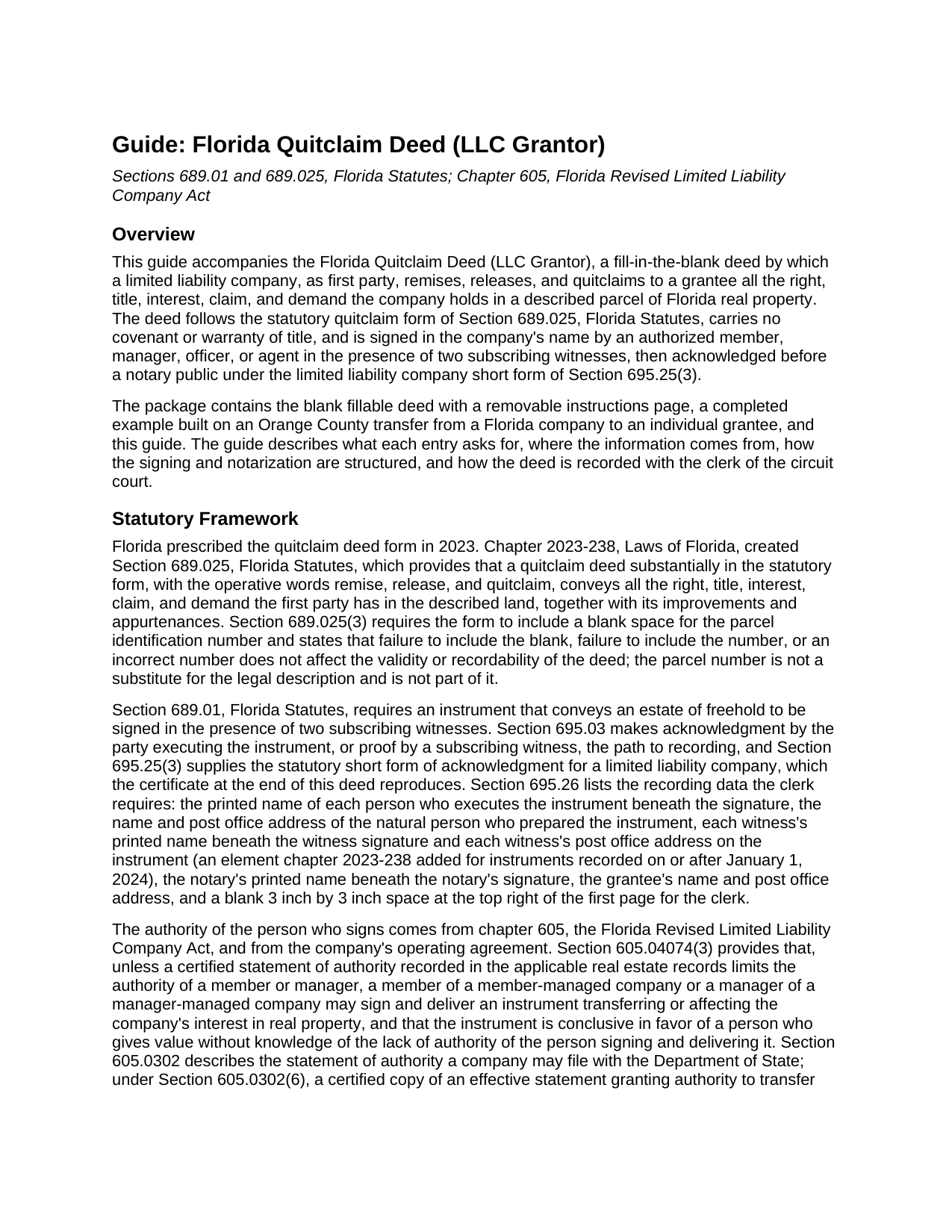 Pasco County Quitclaim Deed (LLC Grantor) Guide