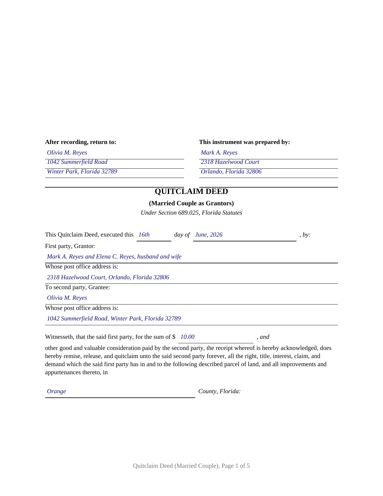 Madison County Completed Example of the Quitclaim Deed (Married Couple as Grantors) Document