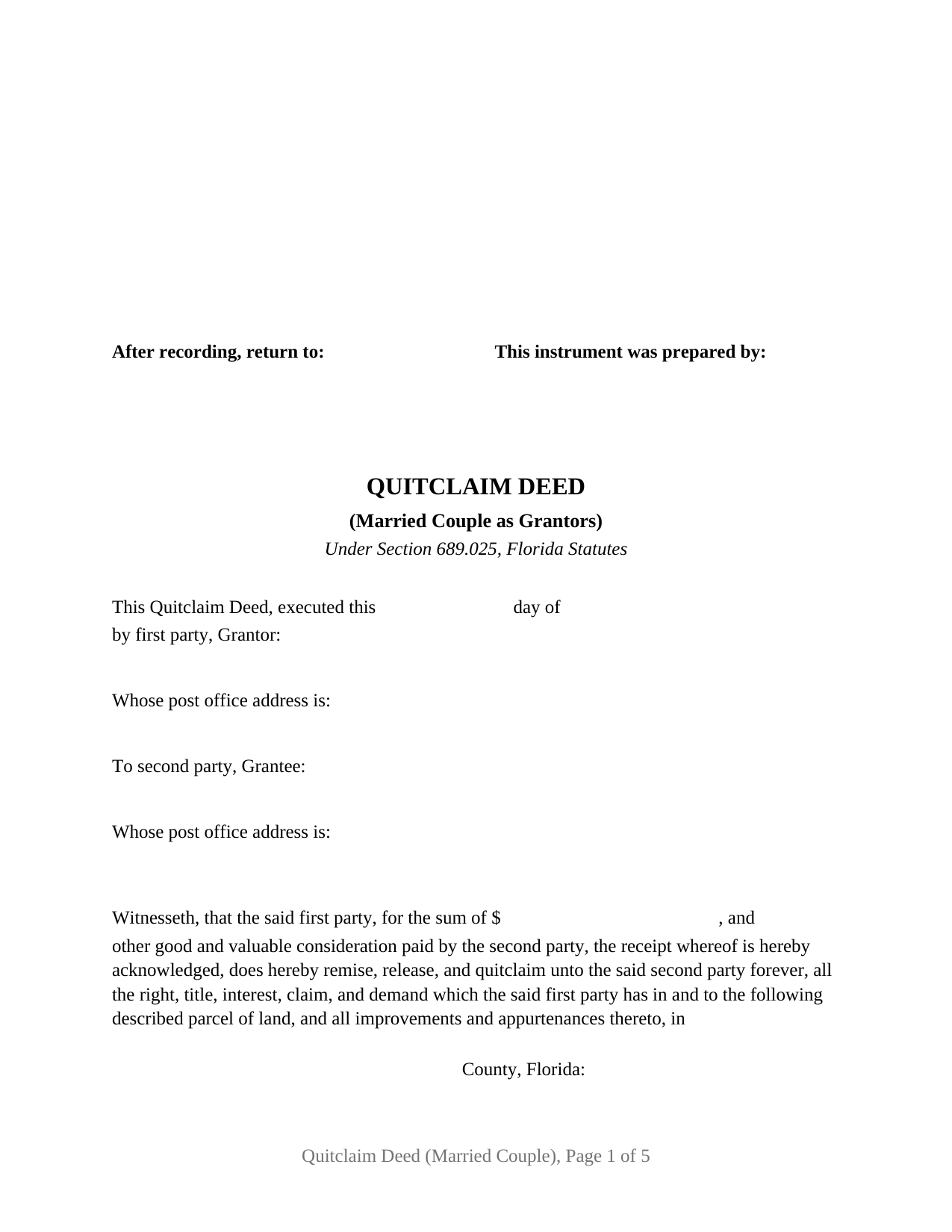 Escambia County Quitclaim Deed (Married Couple as Grantors) Form