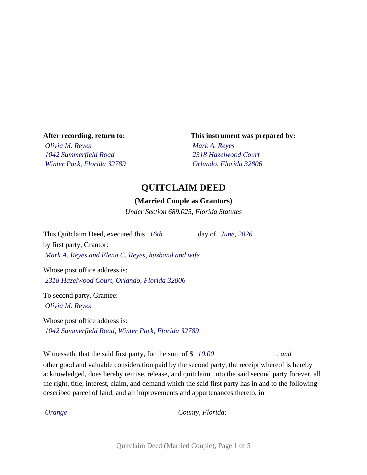 Escambia County Completed Example of the Quitclaim Deed (Married Couple as Grantors) Document