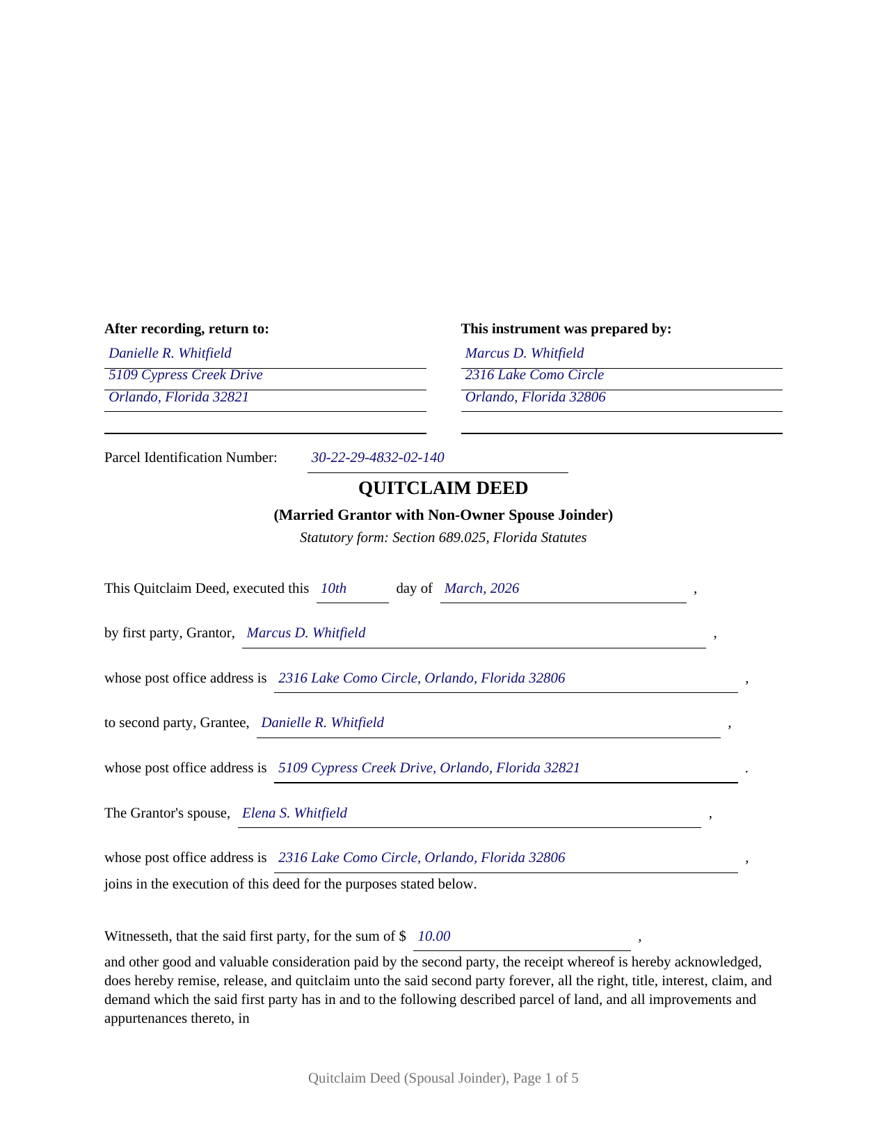 Madison County Completed Example of the Quitclaim Deed (Married Grantor with Non-Owner Spouse Joinder) Document