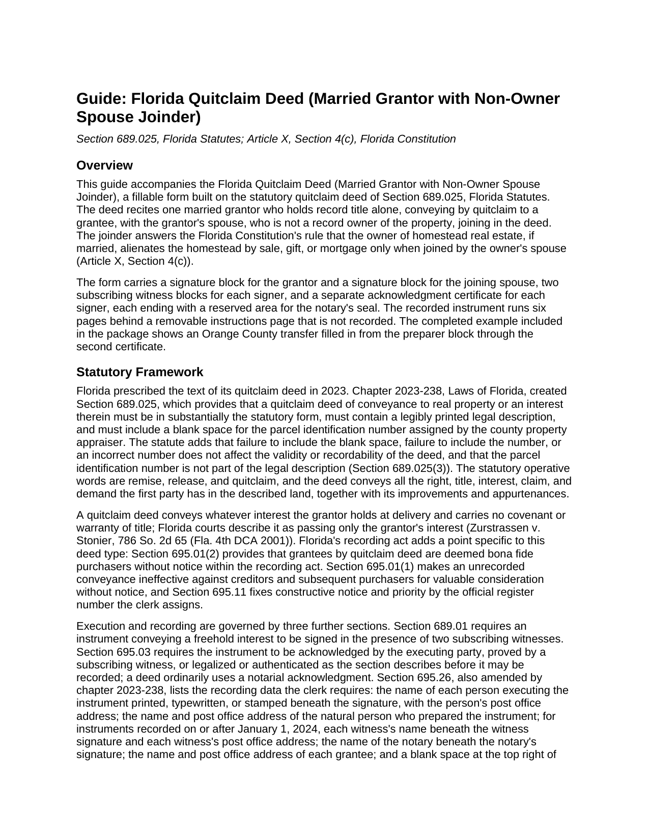 Pasco County Quitclaim Deed (Married Grantor with Non-Owner Spouse Joinder) Guide