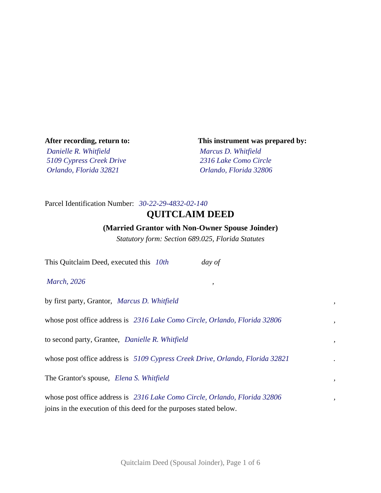Pasco County Completed Example of the Quitclaim Deed (Married Grantor with Non-Owner Spouse Joinder) Document