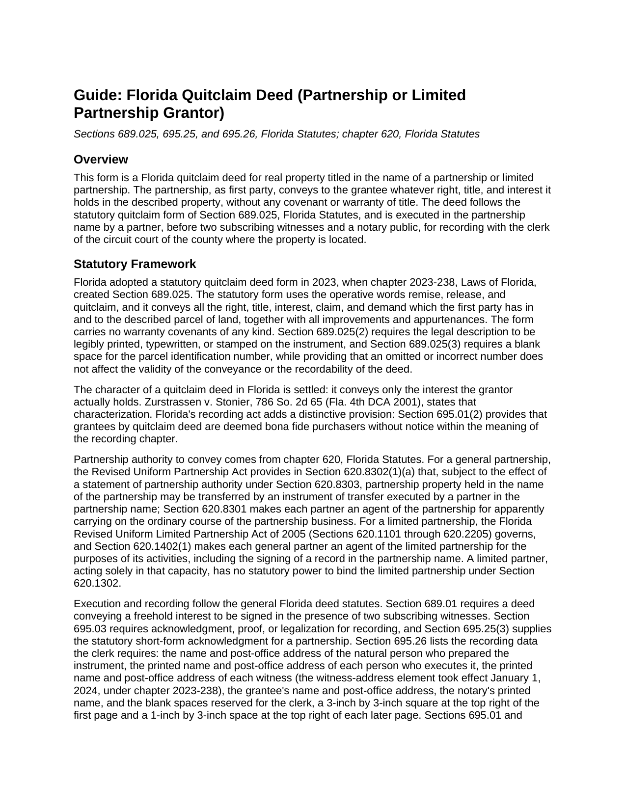 Hernando County Quitclaim Deed (Partnership or Limited Partnership Grantor) Guide