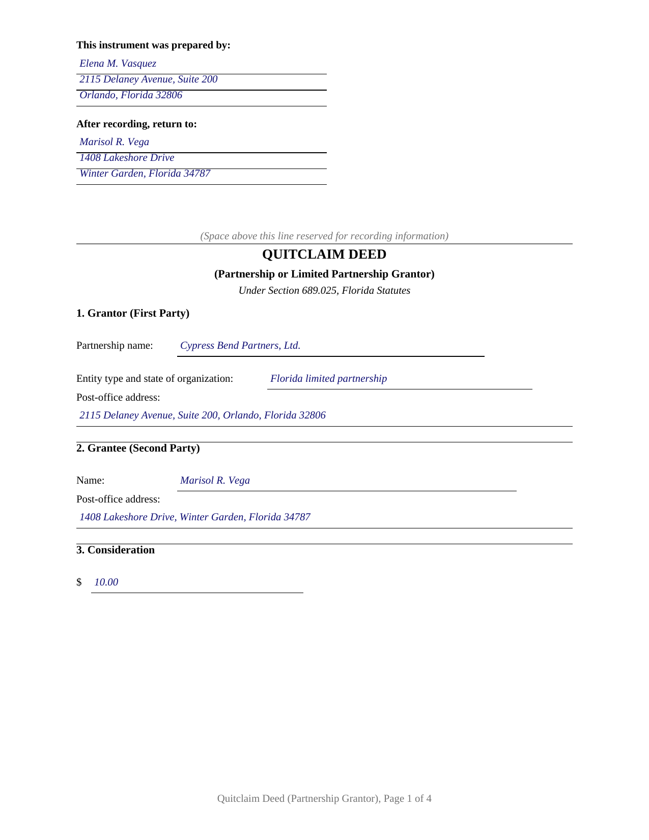 Hernando County Completed Example of the Quitclaim Deed (Partnership or Limited Partnership Grantor) Document