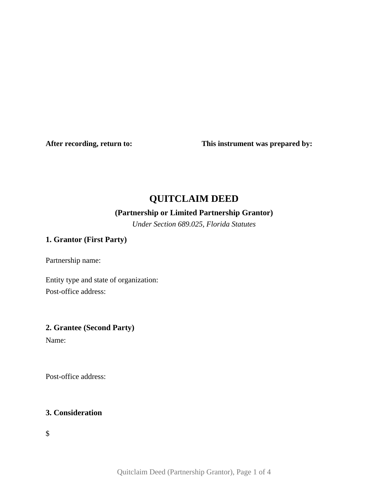 Escambia County Quitclaim Deed (Partnership or Limited Partnership Grantor) Form
