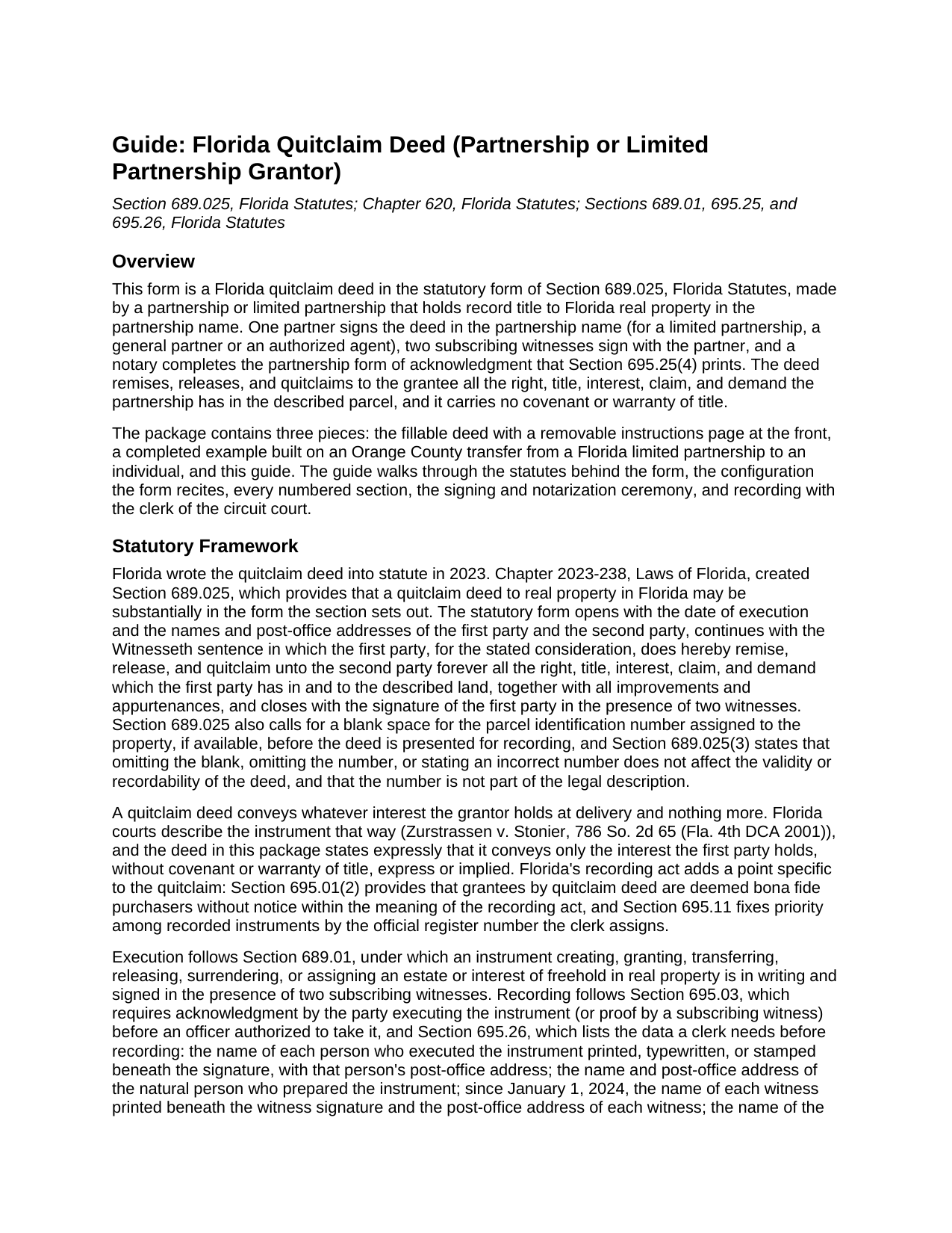 Escambia County Quitclaim Deed (Partnership or Limited Partnership Grantor) Guide