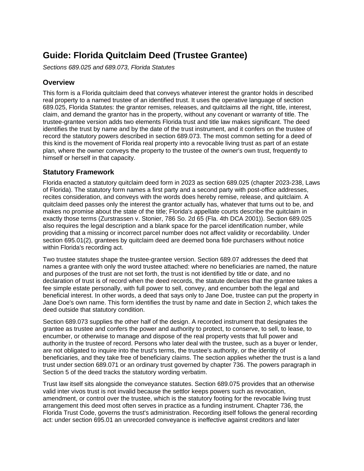 Putnam County Quitclaim Deed (Trustee Grantee) Guide