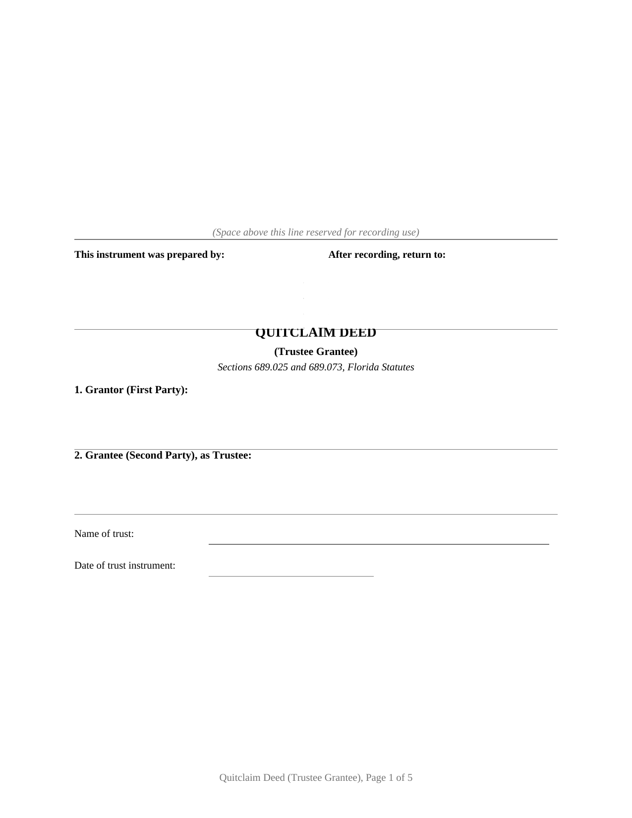 Putnam County Quitclaim Deed (Trustee Grantee) Form