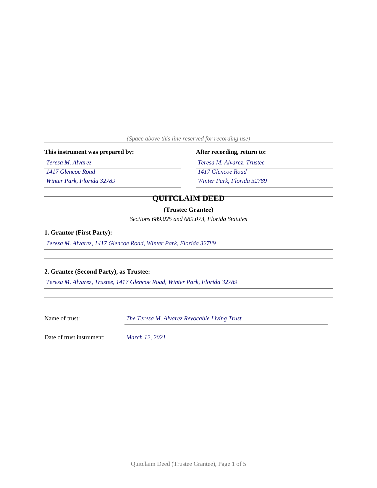 Putnam County Completed Example of the Quitclaim Deed (Trustee Grantee) Document