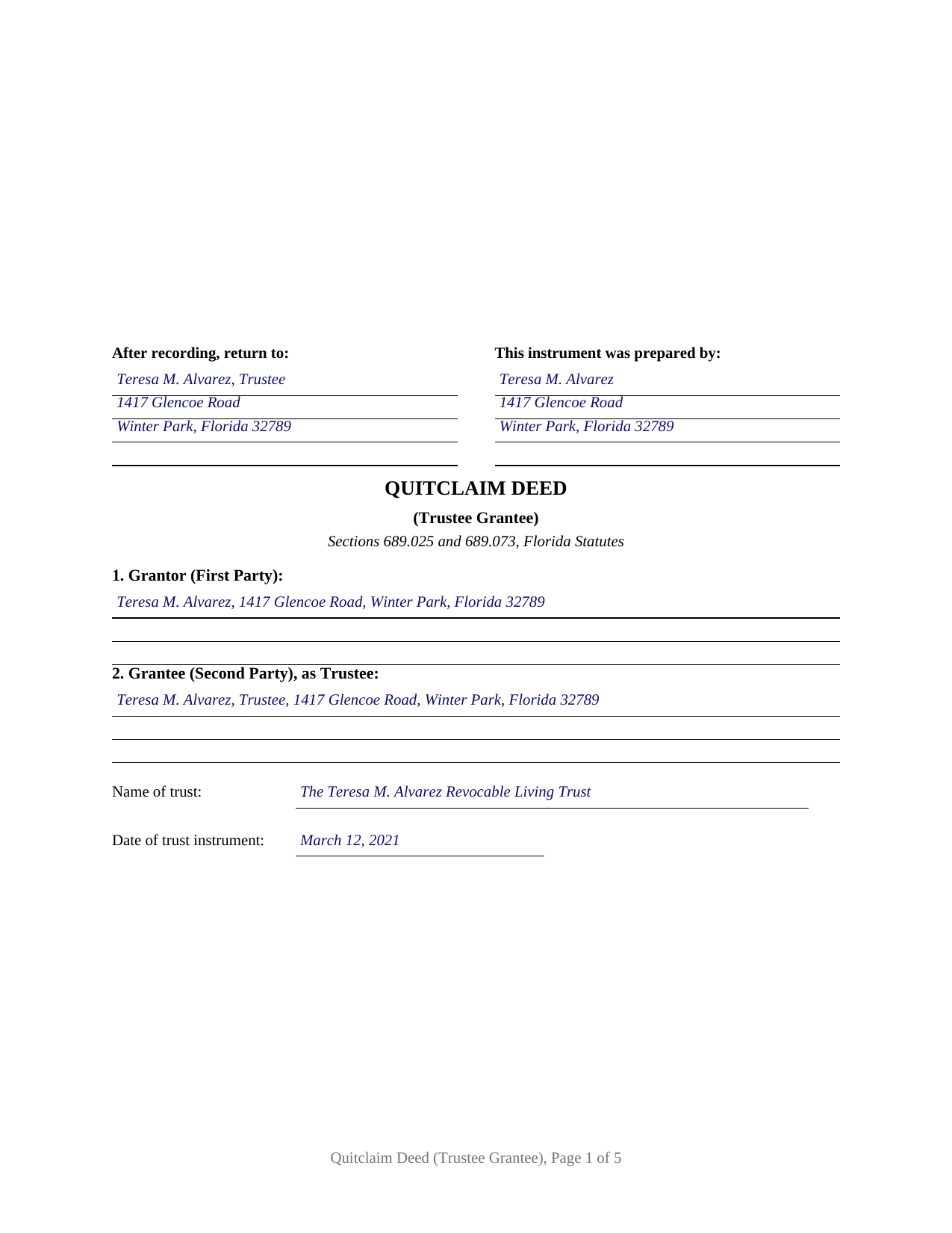 Madison County Completed Example of the Quitclaim Deed (Trustee Grantee) Document