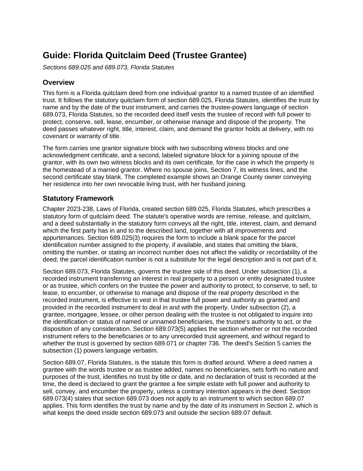 Gilchrist County Quitclaim Deed (Trustee Grantee) Guide