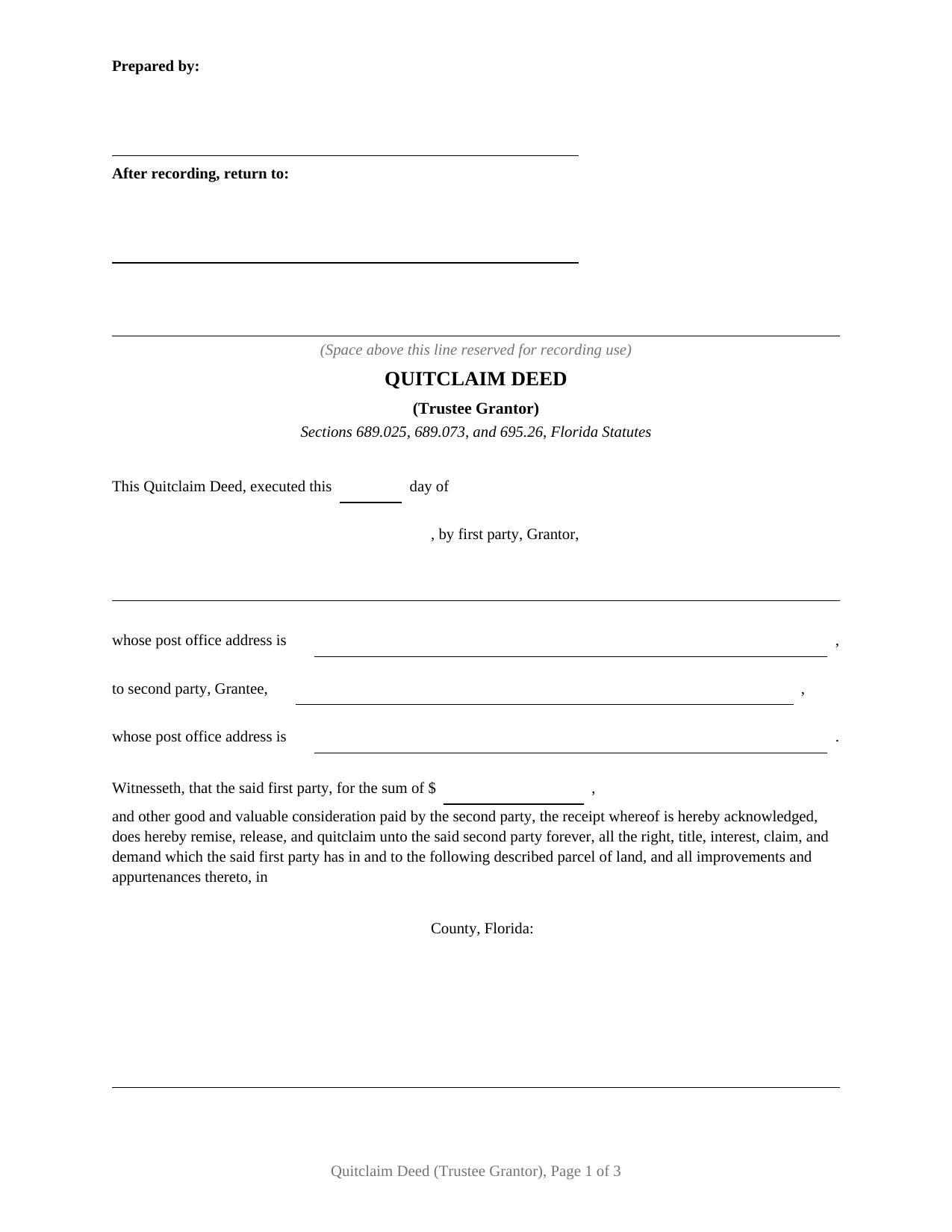 Putnam County Quitclaim Deed (Trustee Grantor) Form