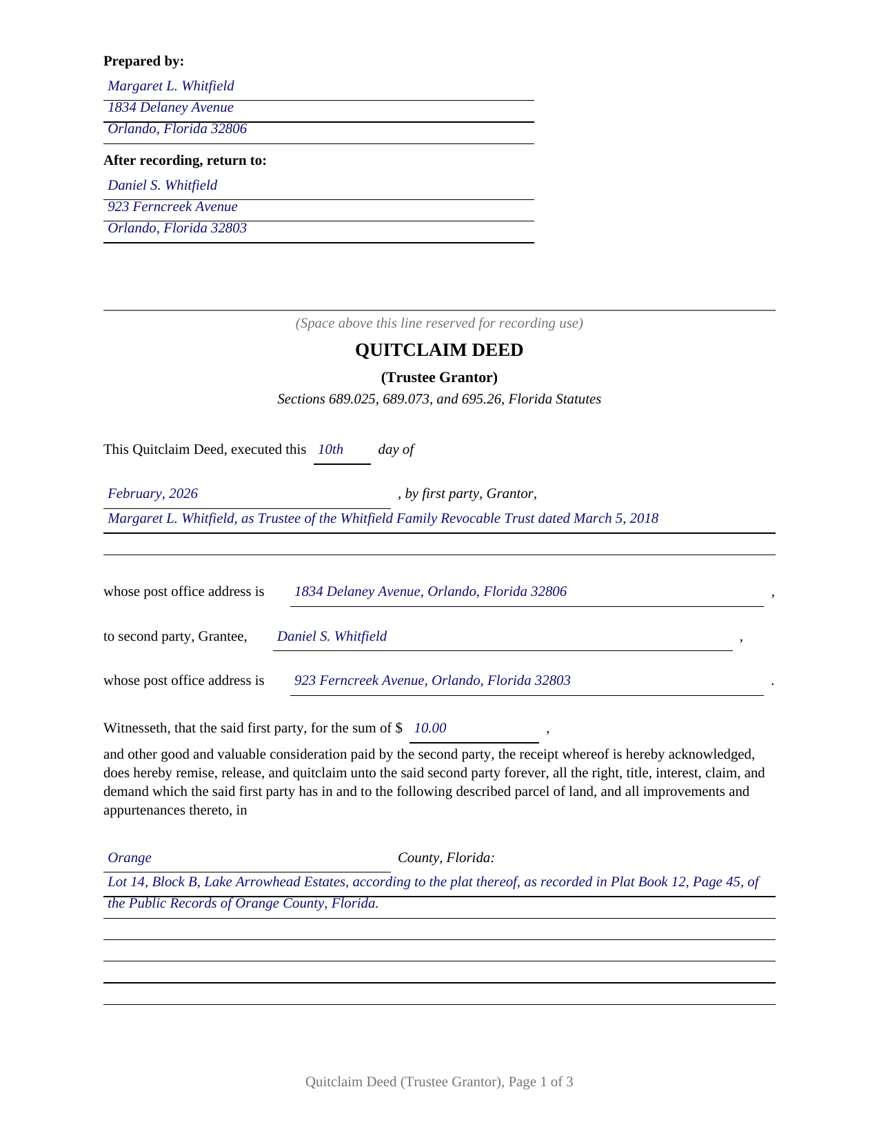 Putnam County Completed Example of the Quitclaim Deed (Trustee Grantor) Document