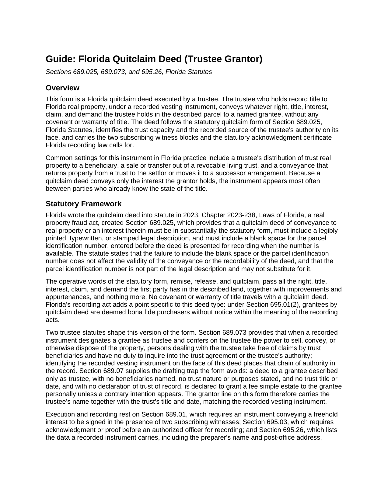 Manatee County Quitclaim Deed (Trustee Grantor) Guide