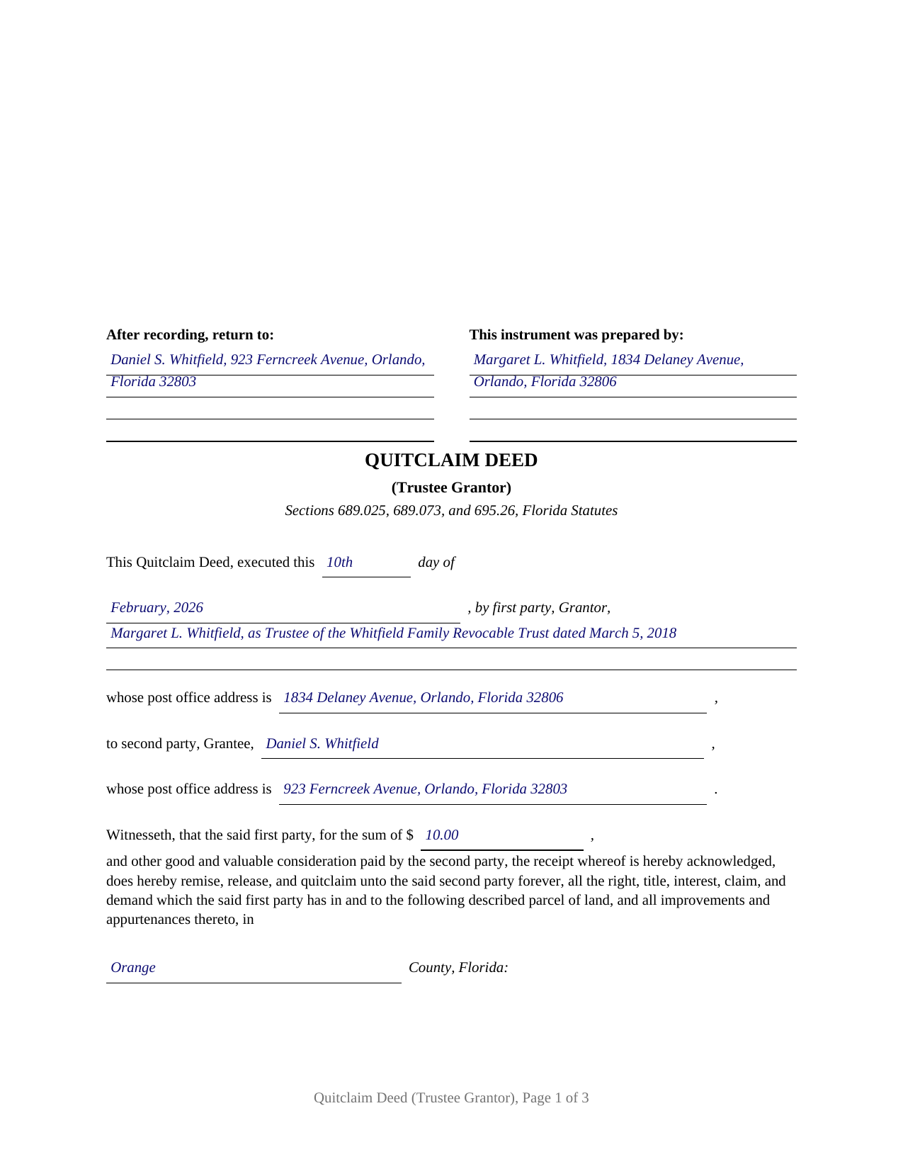 Manatee County Completed Example of the Quitclaim Deed (Trustee Grantor) Document