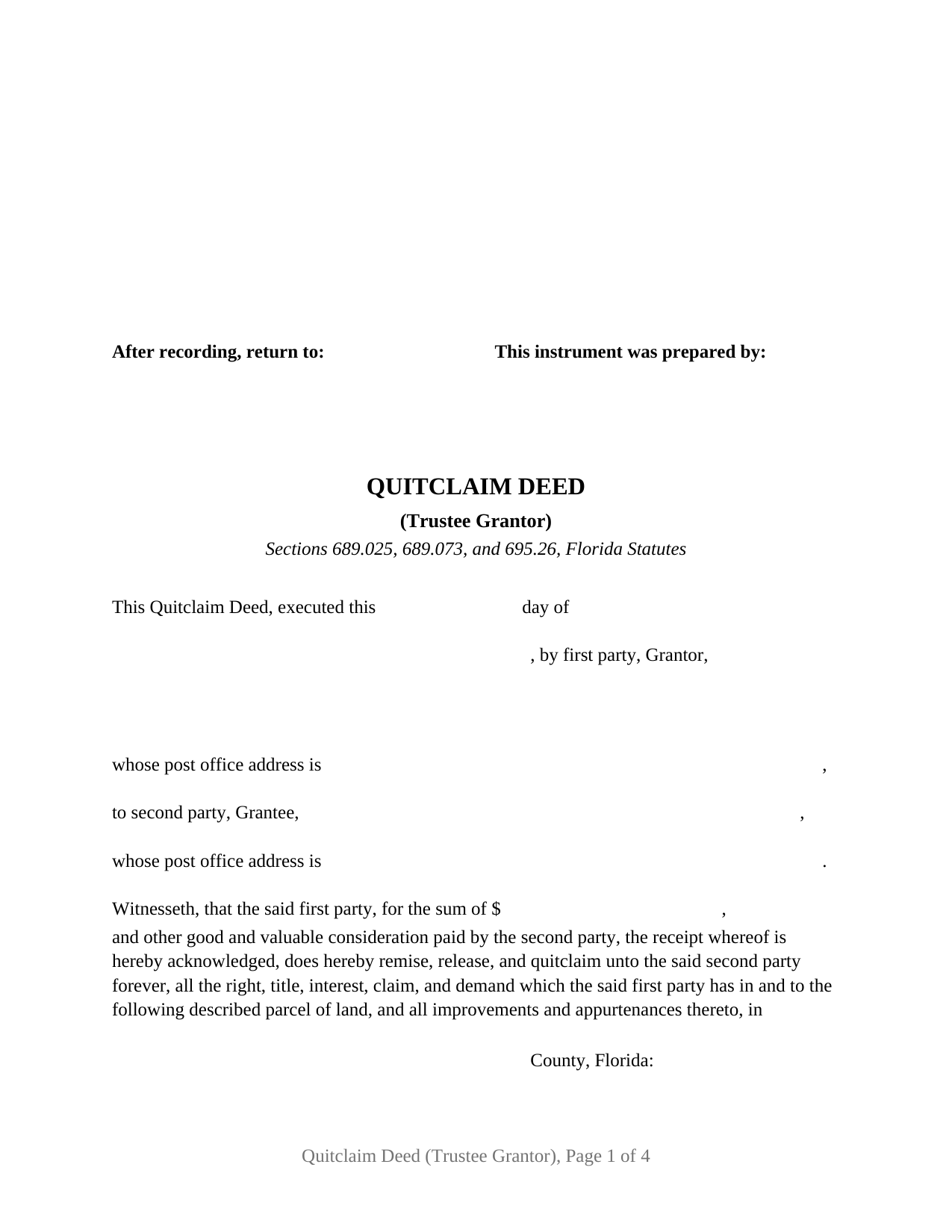 Pasco County Quitclaim Deed (Trustee Grantor) Form