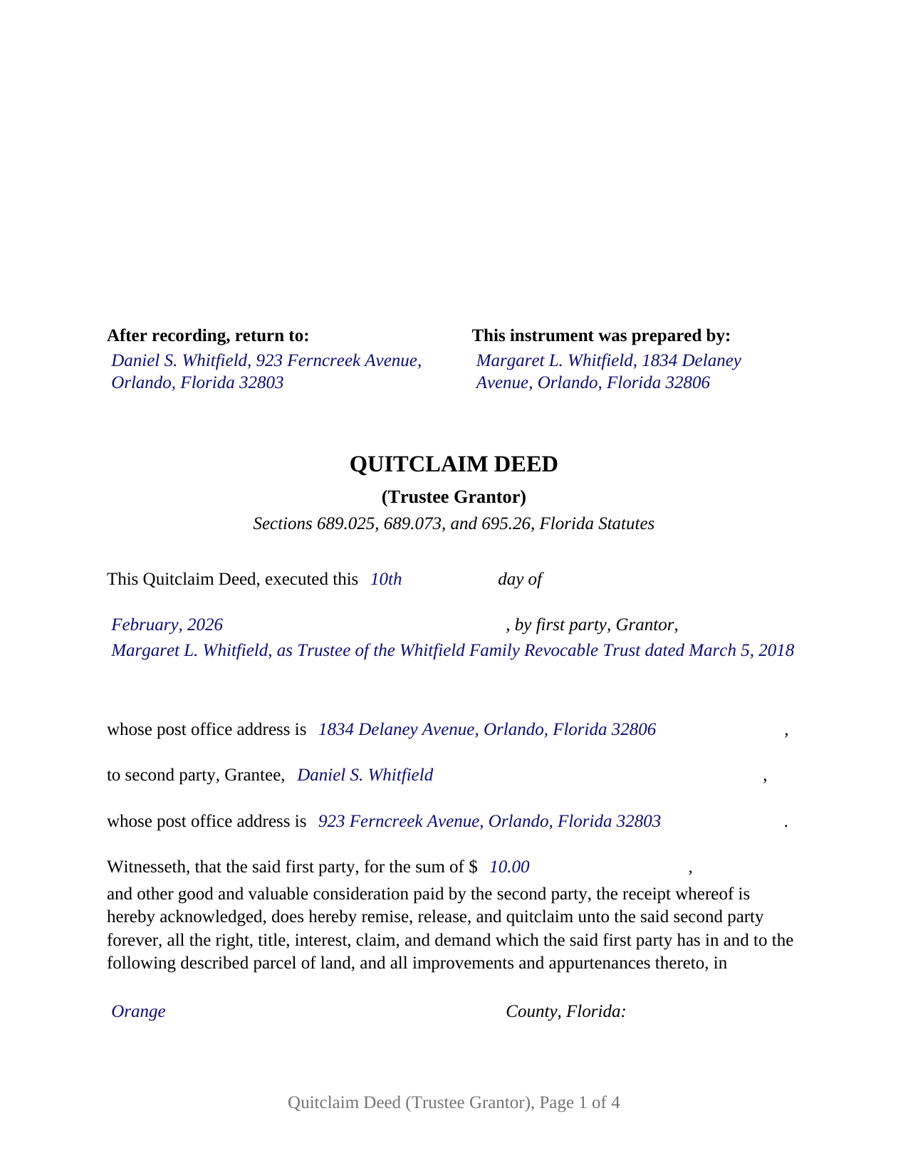 Pasco County Completed Example of the Quitclaim Deed (Trustee Grantor) Document