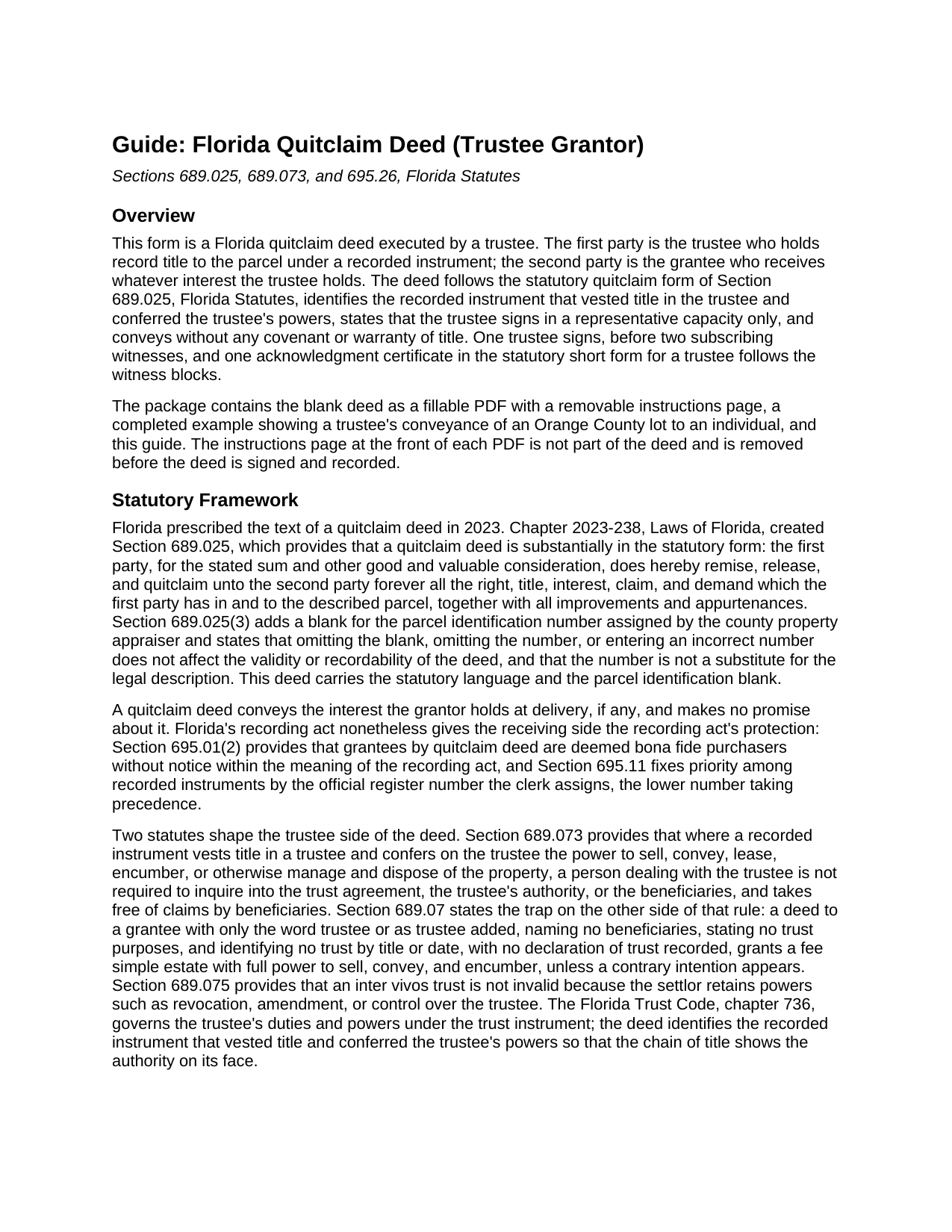 Pasco County Quitclaim Deed (Trustee Grantor) Guide