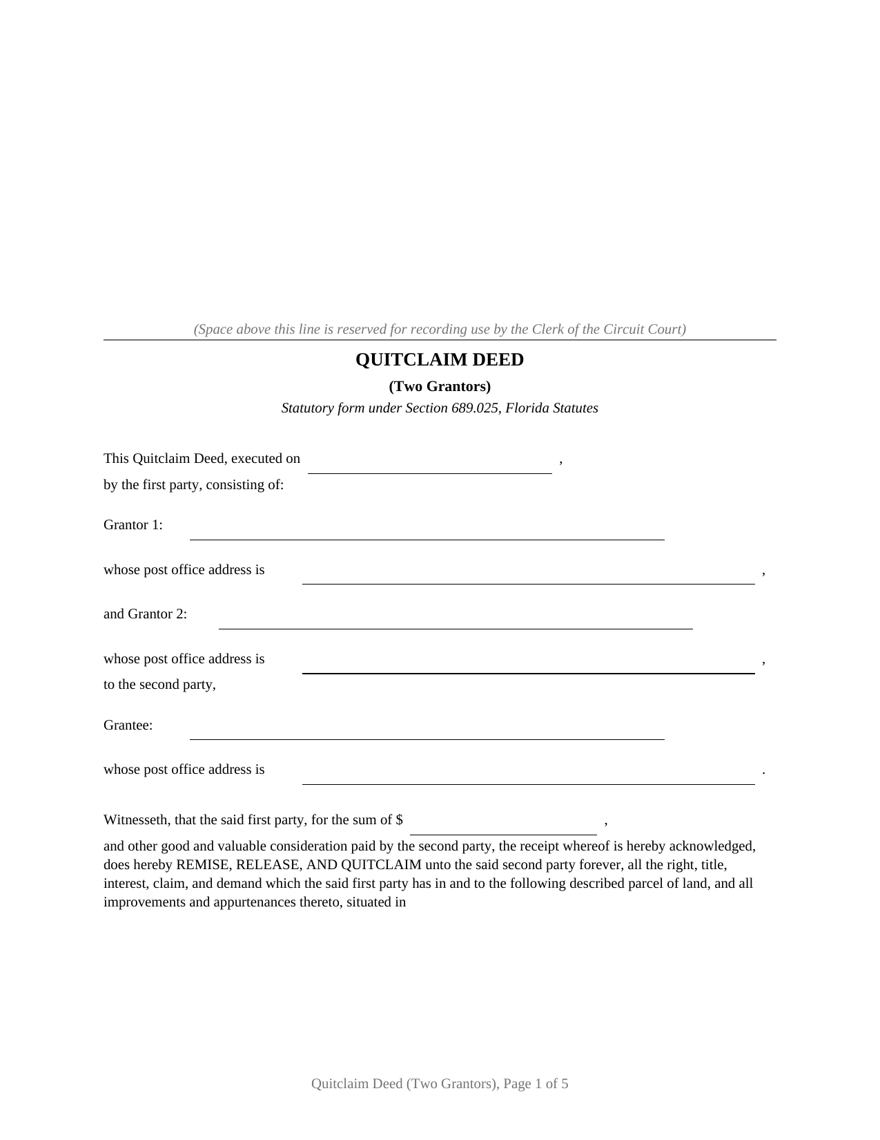 Putnam County Quitclaim Deed (Two Grantors) Form