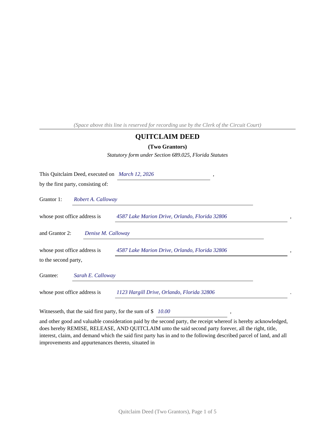 Putnam County Completed Example of the Quitclaim Deed (Two Grantors) Document
