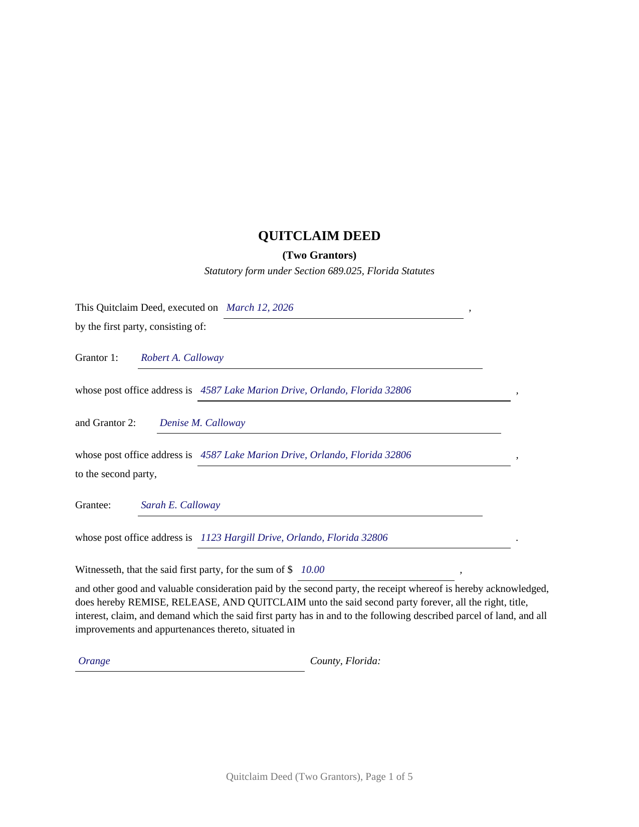 Madison County Completed Example of the Quitclaim Deed (Two Grantors) Document