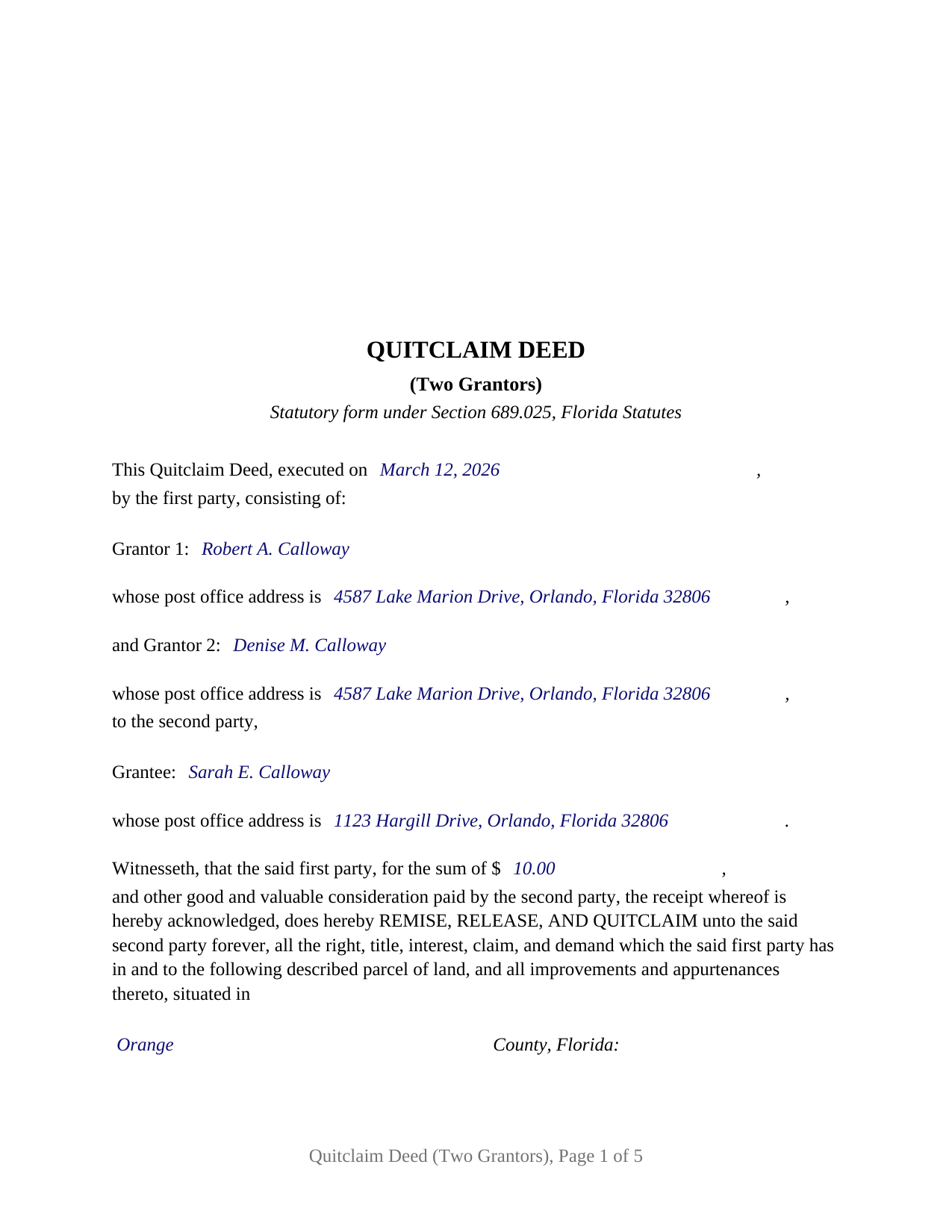Hendry County Completed Example of the Quitclaim Deed (Two Grantors) Document