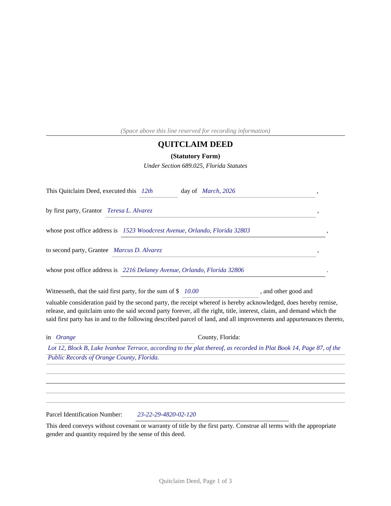 Osceola County Completed Example of the Quitclaim Deed Document