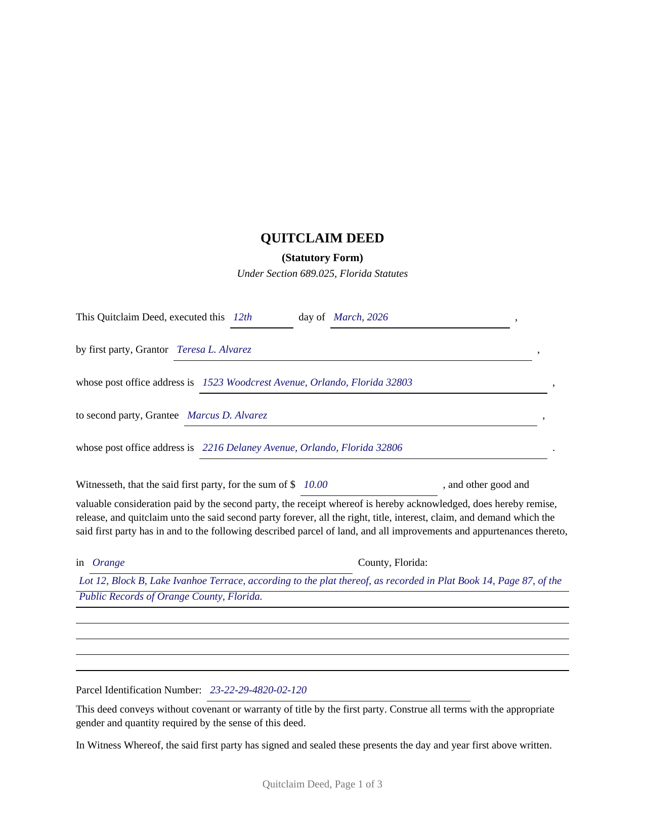 Duval County Completed Example of the Quitclaim Deed Document
