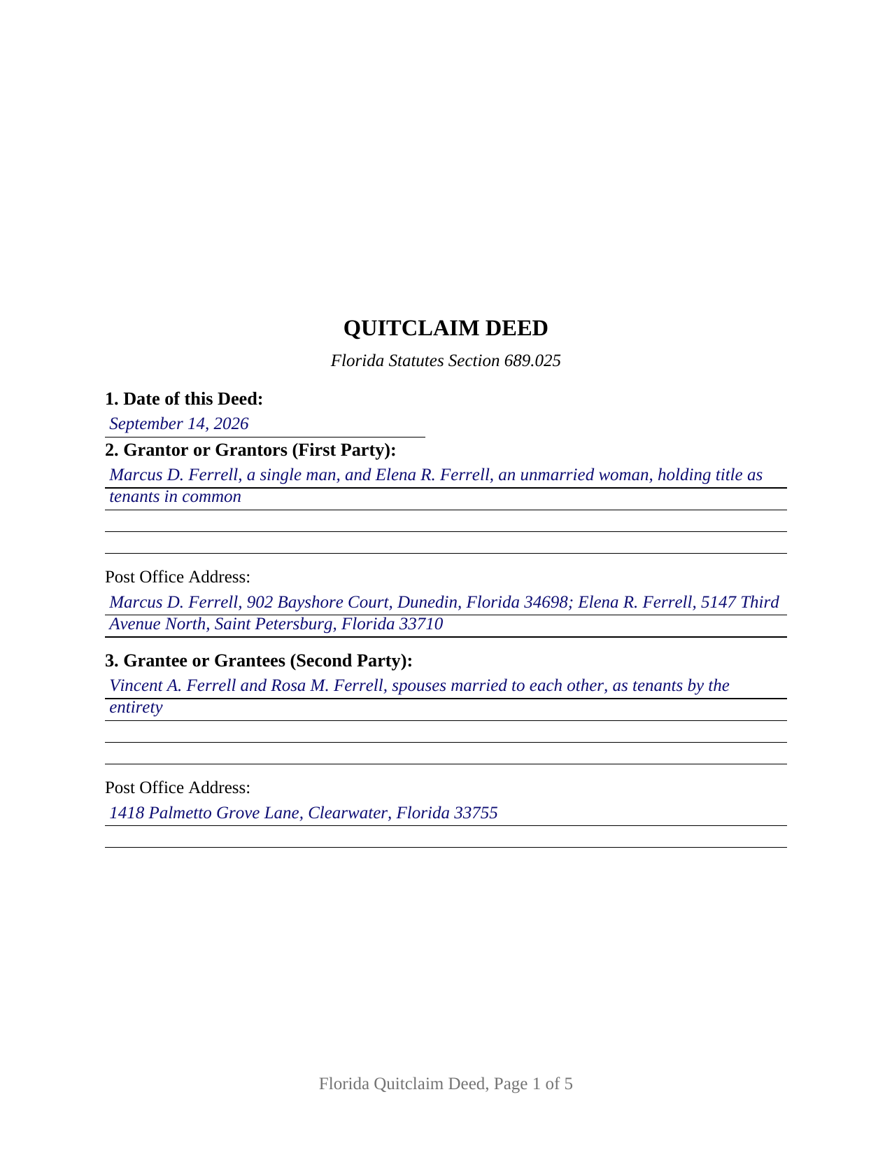 Volusia County Completed Example of the Quitclaim Deed Document
