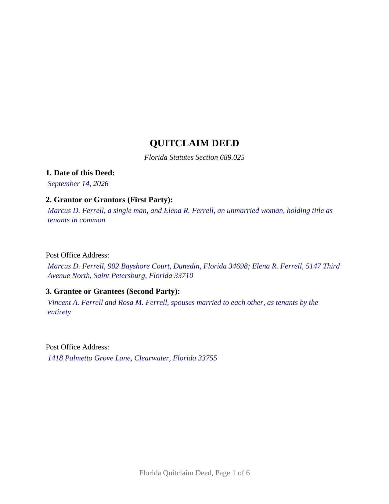 Gadsden County Completed Example of the Quitclaim Deed Document
