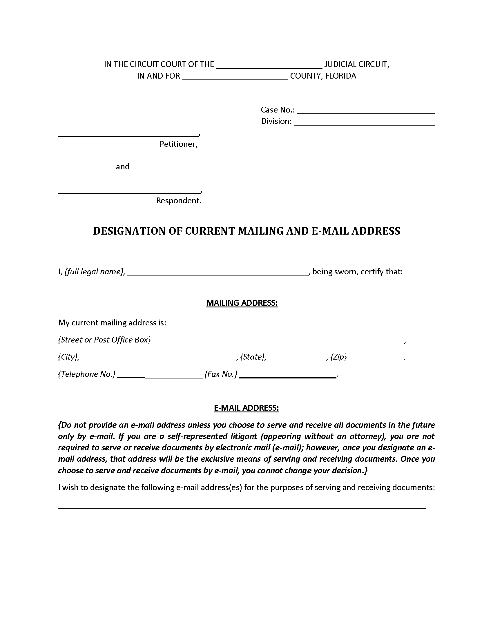 Designation of Current Mailing and E-mail Address Form