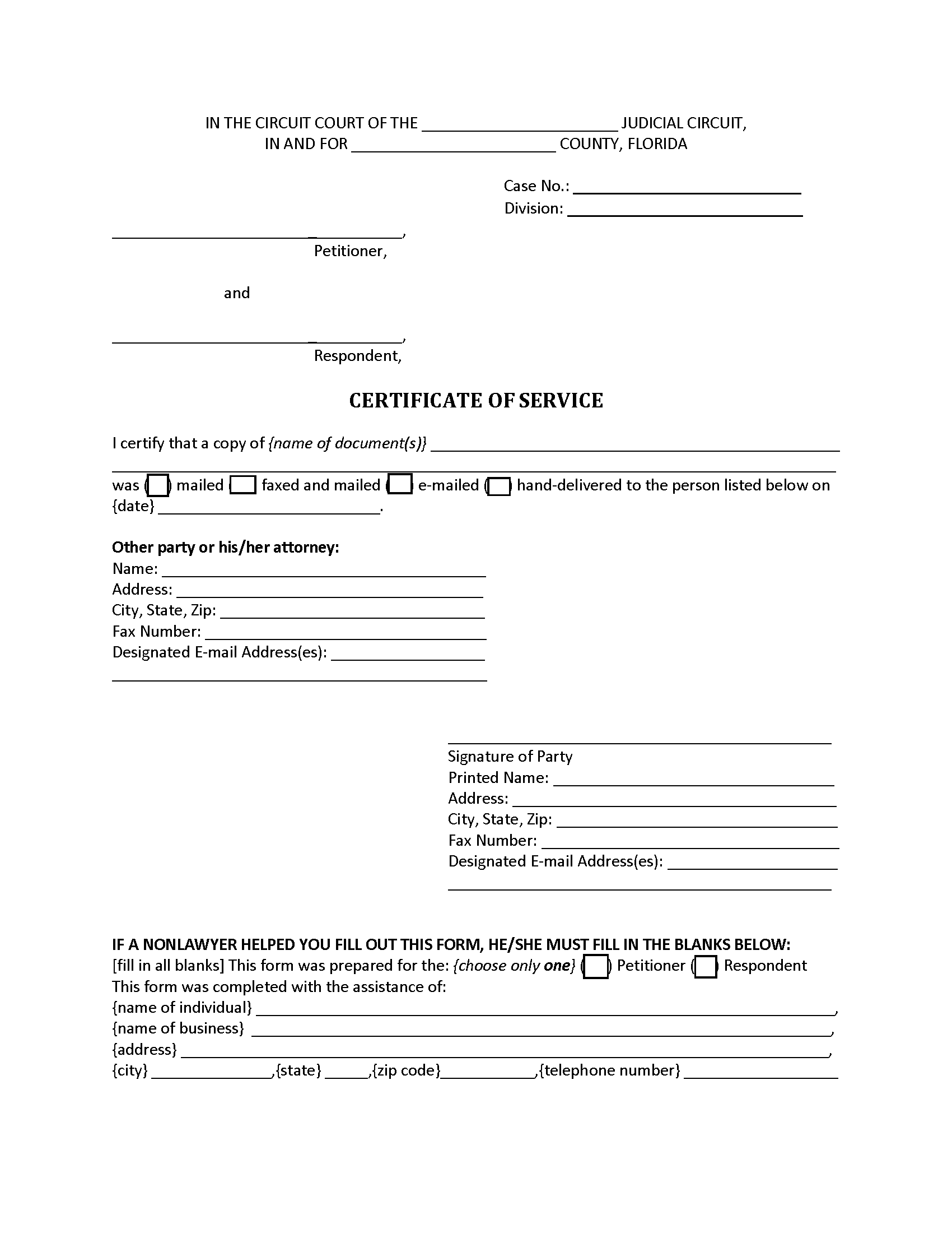 Certificate of Service Form