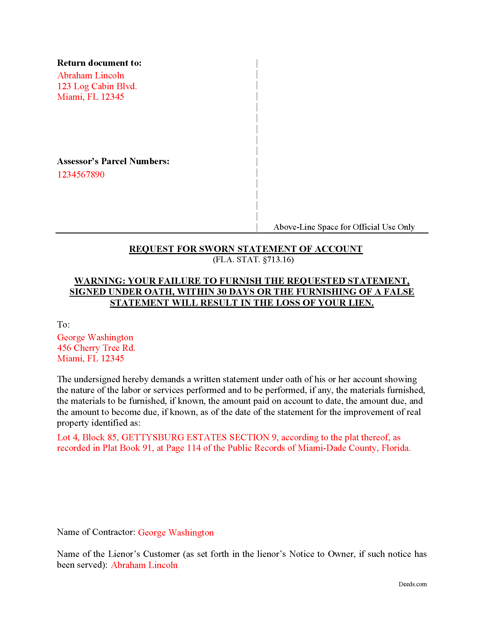 Completed Example of the Request for a Sworn Statement of Account Document
