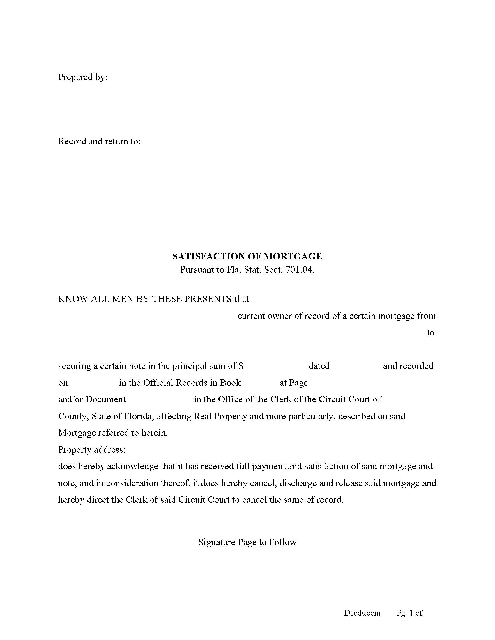 Suwannee County Satisfaction of Mortgage Form