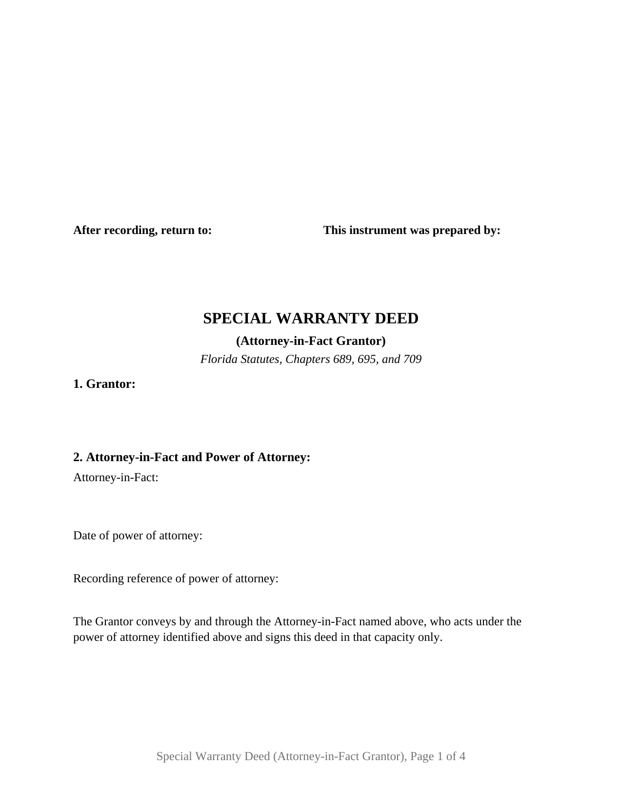 Hardee County Special Warranty Deed (Attorney-in-Fact Grantor) Form