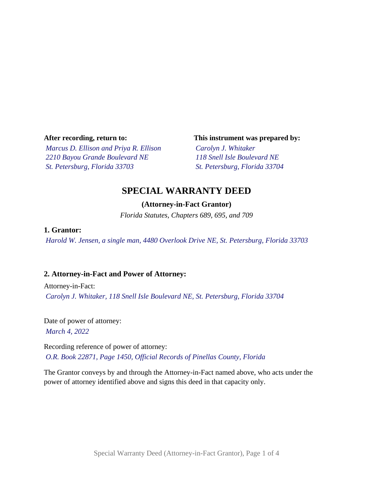Hardee County Completed Example of the Special Warranty Deed (Attorney-in-Fact Grantor) Document