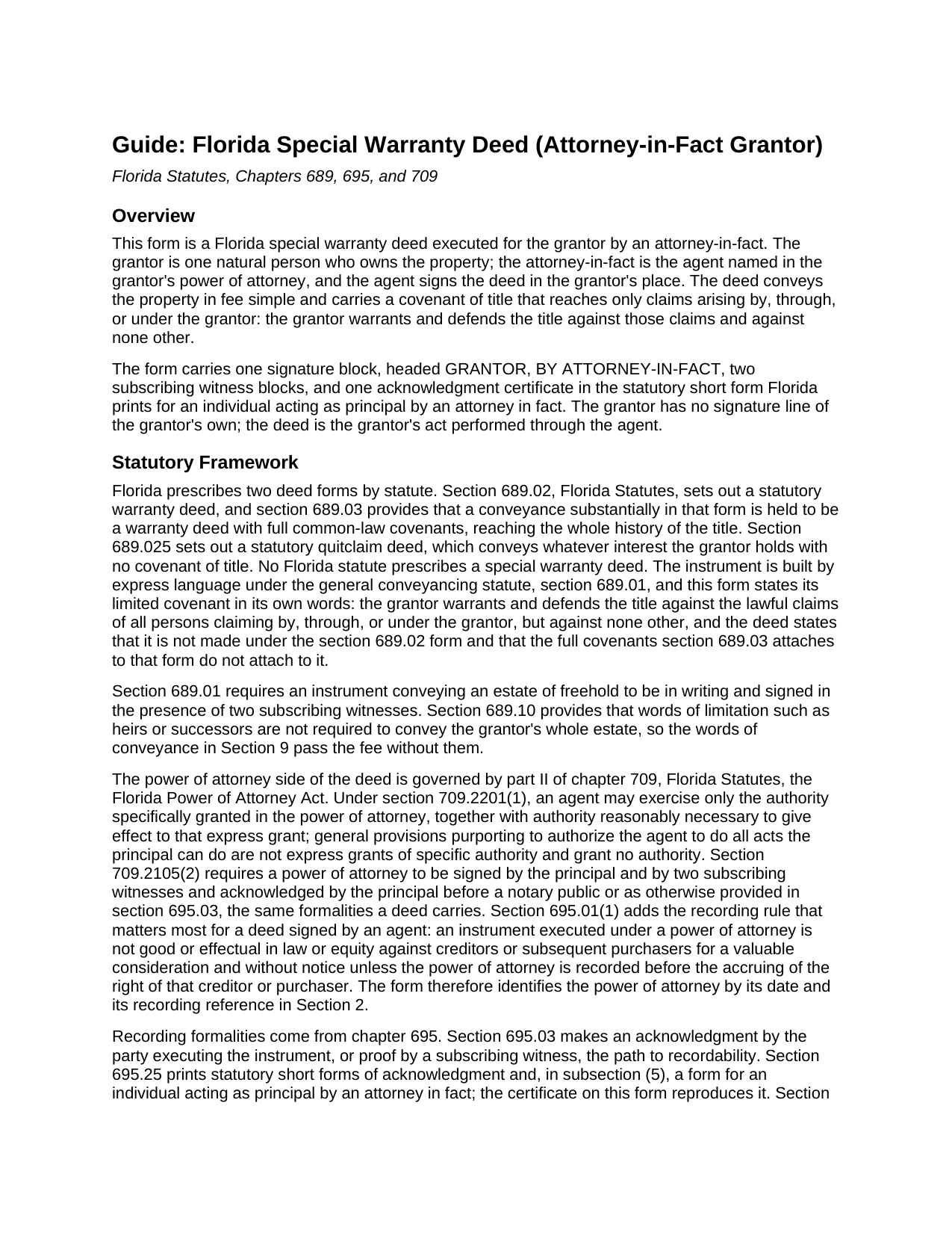 Hardee County Special Warranty Deed (Attorney-in-Fact Grantor) Guide