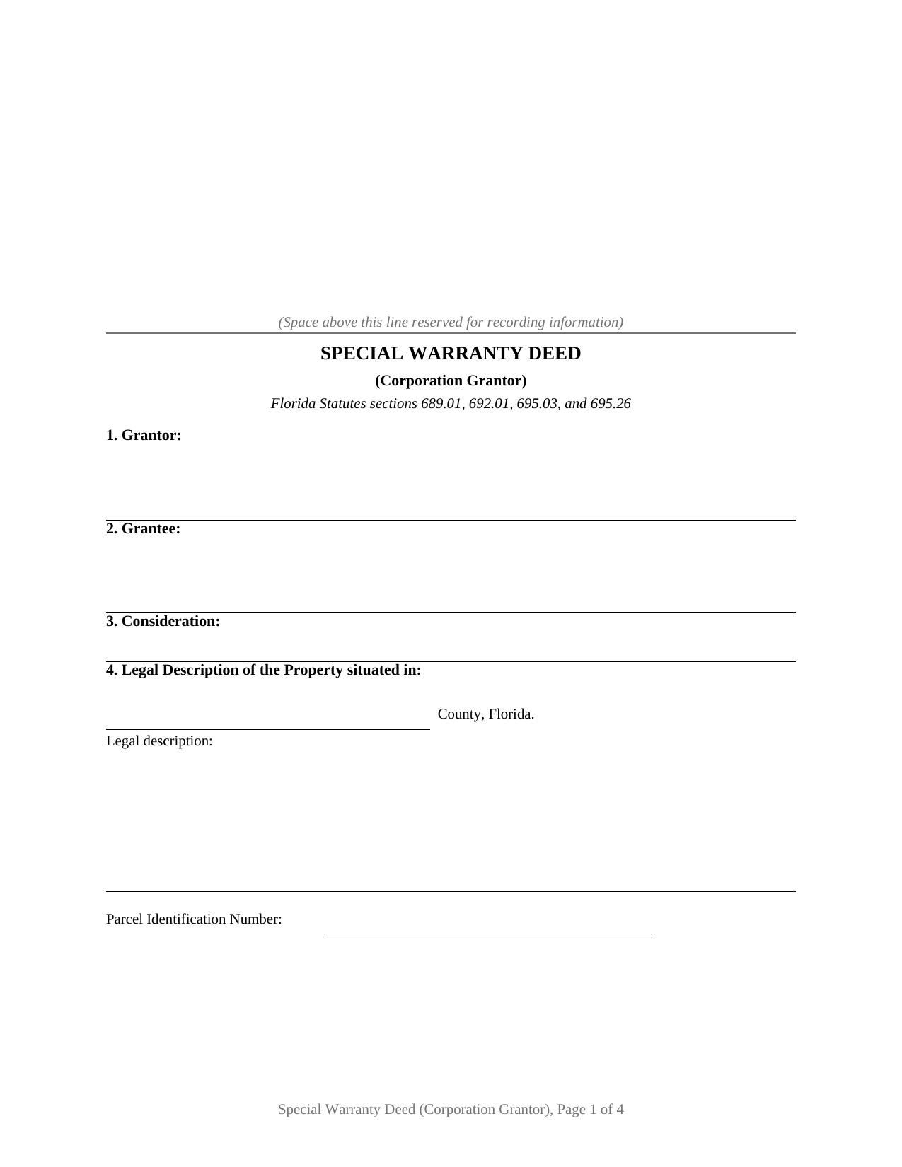 Santa Rosa County Special Warranty Deed (Corporation Grantor) Form