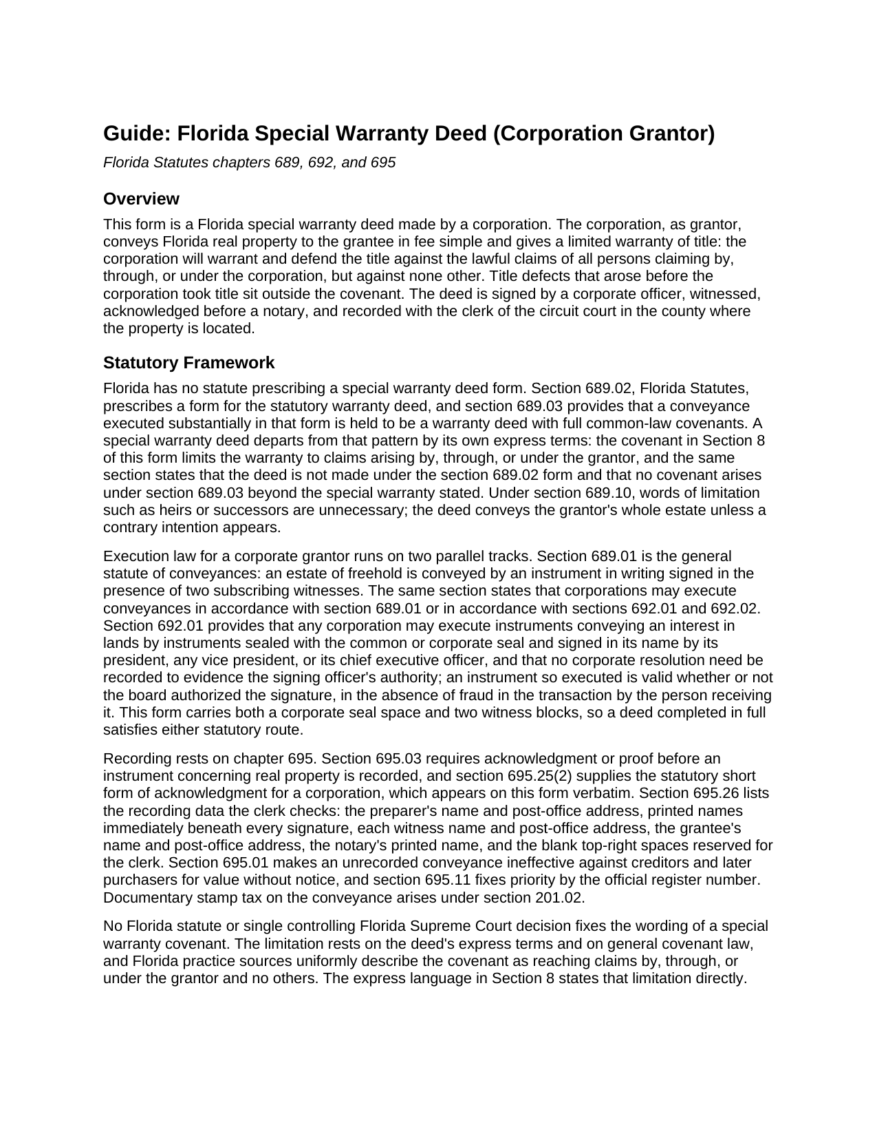 Santa Rosa County Special Warranty Deed (Corporation Grantor) Guide