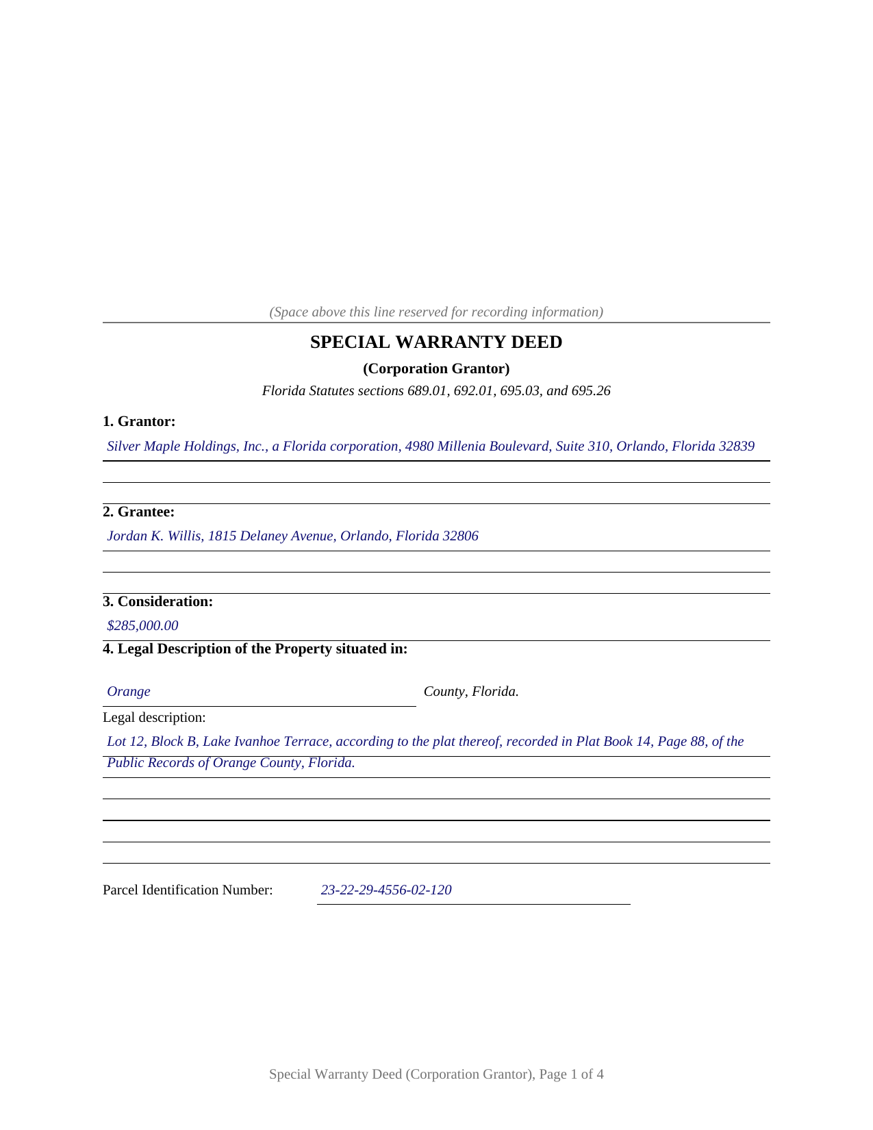 Santa Rosa County Completed Example of the Special Warranty Deed (Corporation Grantor) Document