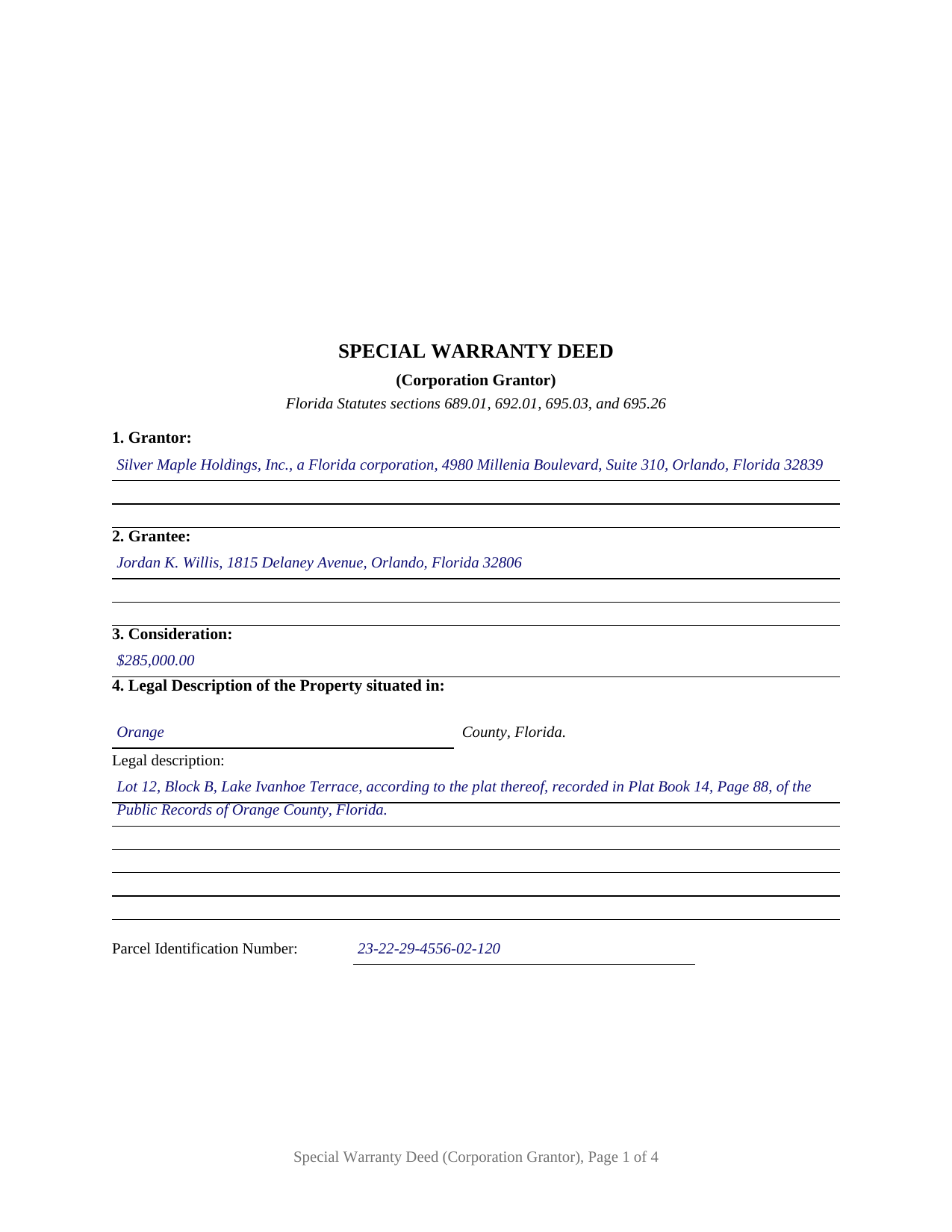 Wakulla County Completed Example of the Special Warranty Deed (Corporation Grantor) Document