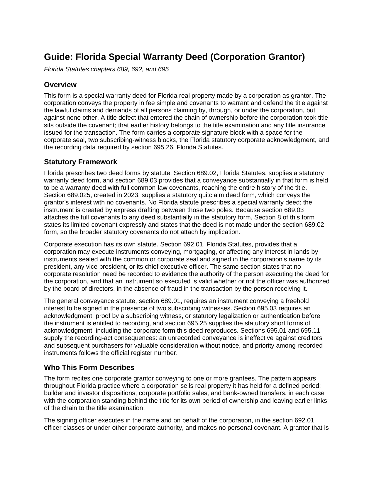 Wakulla County Special Warranty Deed (Corporation Grantor) Guide