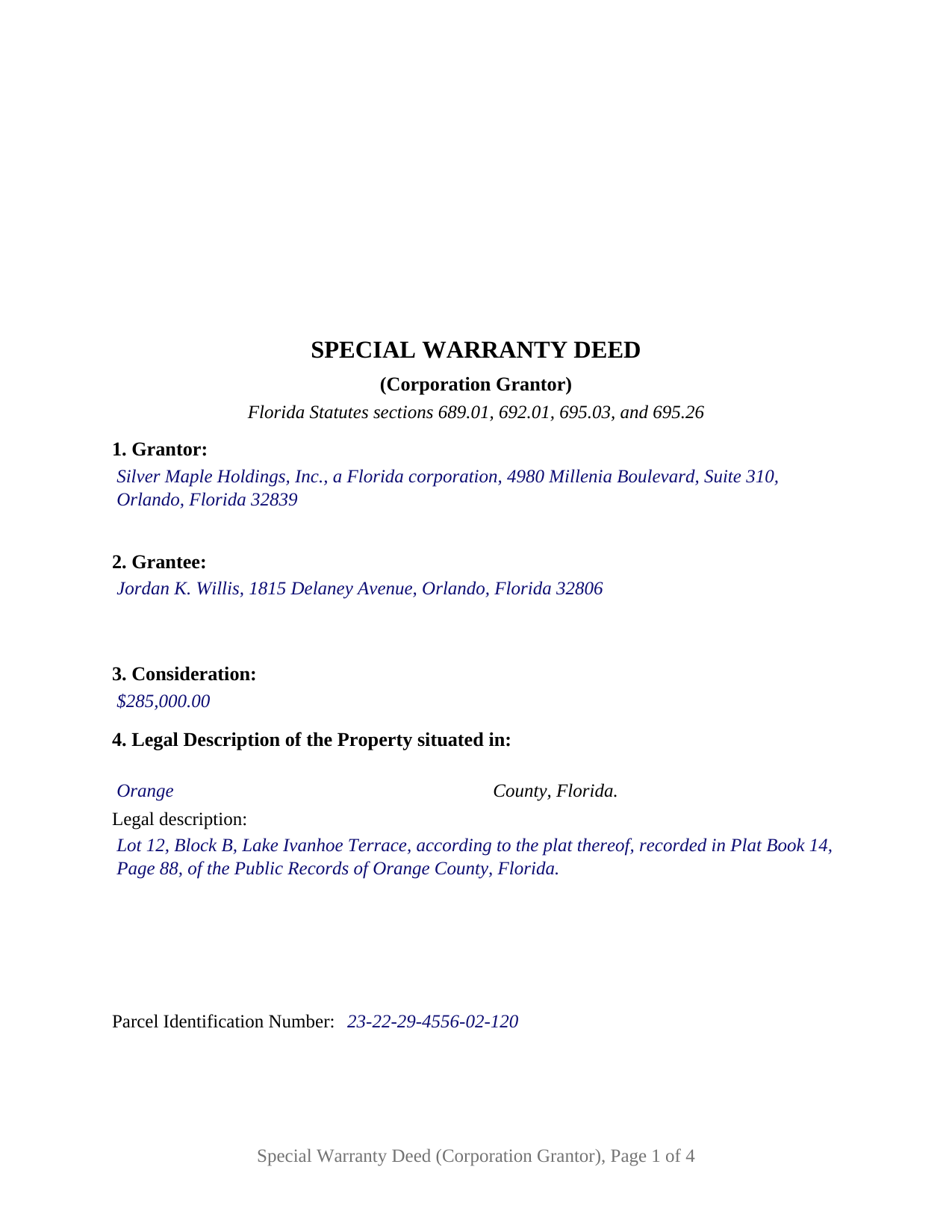 Manatee County Completed Example of the Special Warranty Deed (Corporation Grantor) Document