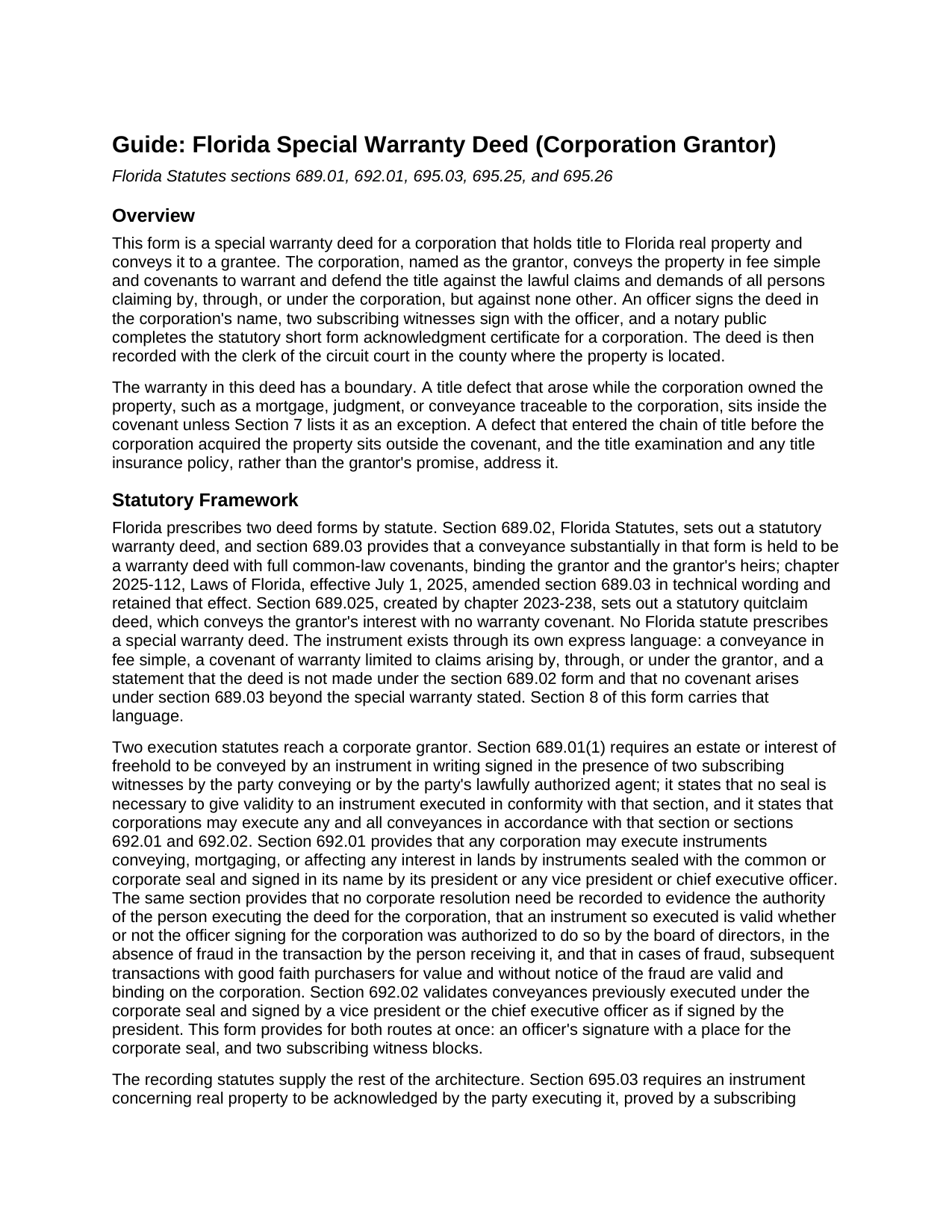 Manatee County Special Warranty Deed (Corporation Grantor) Guide