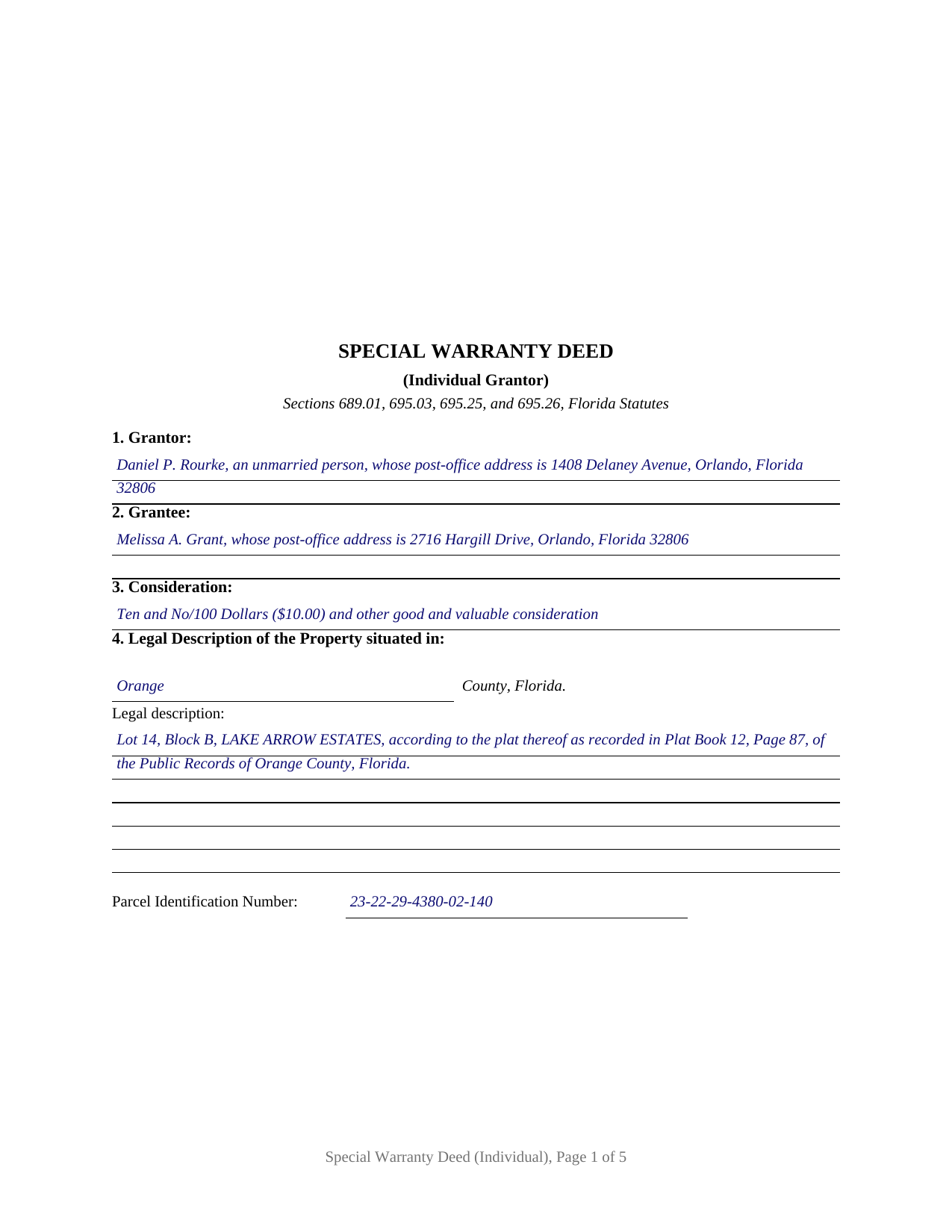 Hernando County Completed Example of the Special Warranty Deed (Individual) Document