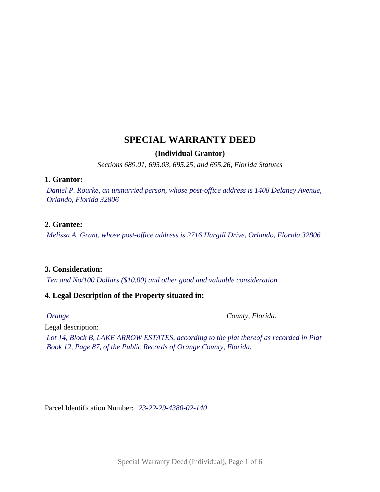 Suwannee County Completed Example of the Special Warranty Deed (Individual) Document