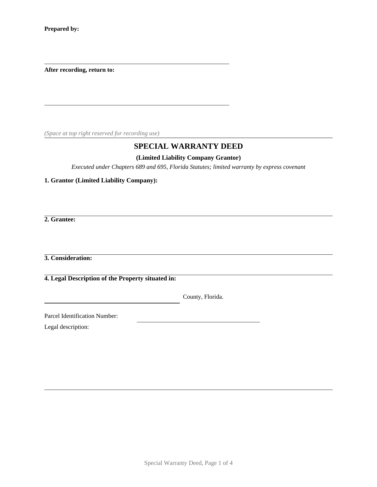 Santa Rosa County Special Warranty Deed (LLC Grantor) Form