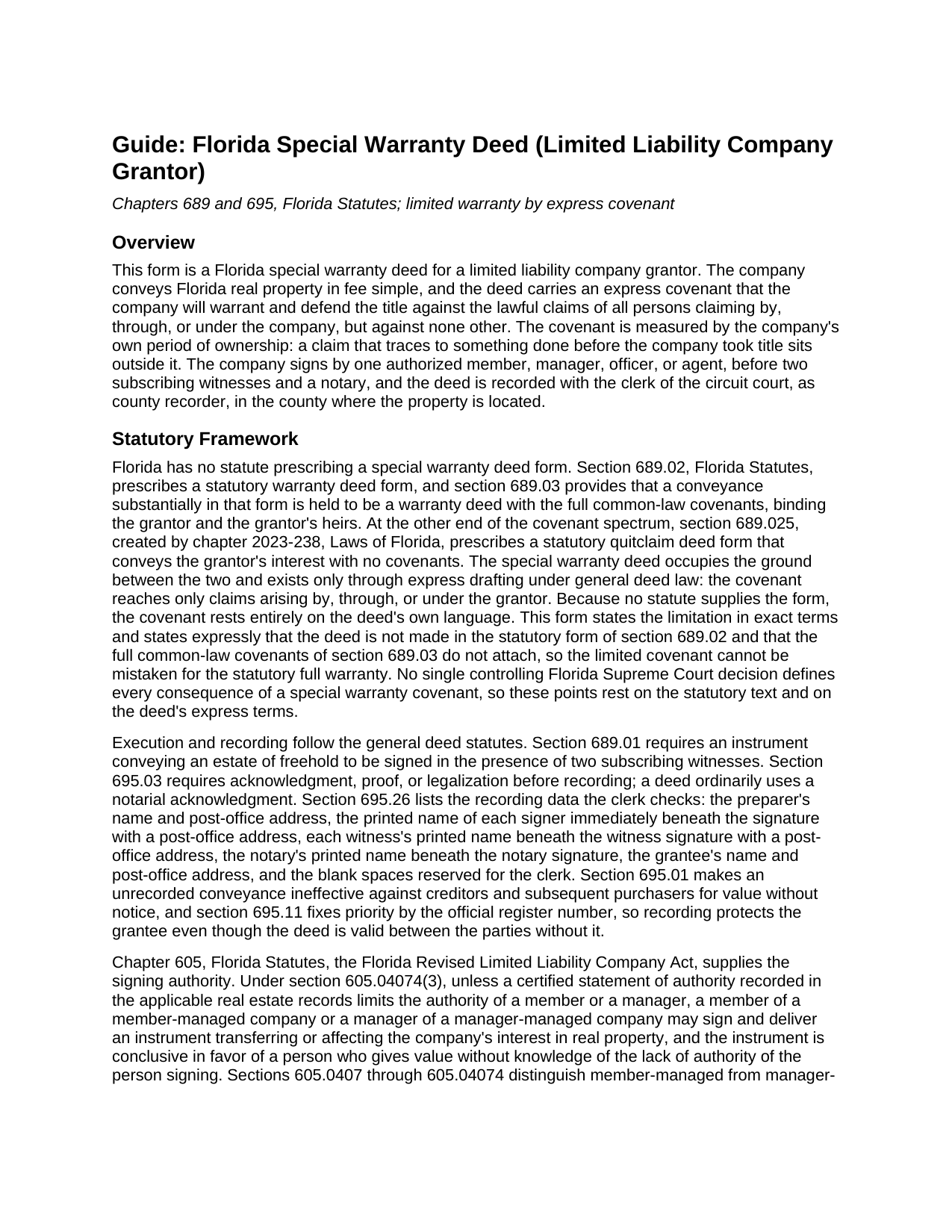 Santa Rosa County Special Warranty Deed (LLC Grantor) Guide