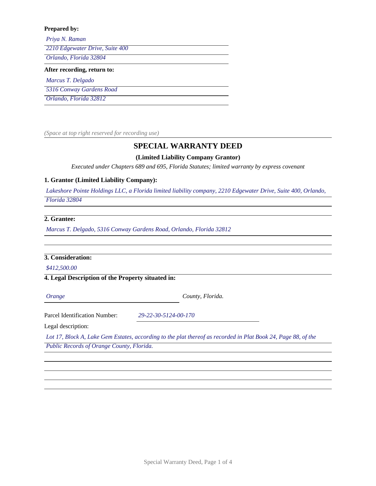 Santa Rosa County Completed Example of the Special Warranty Deed (LLC Grantor) Document